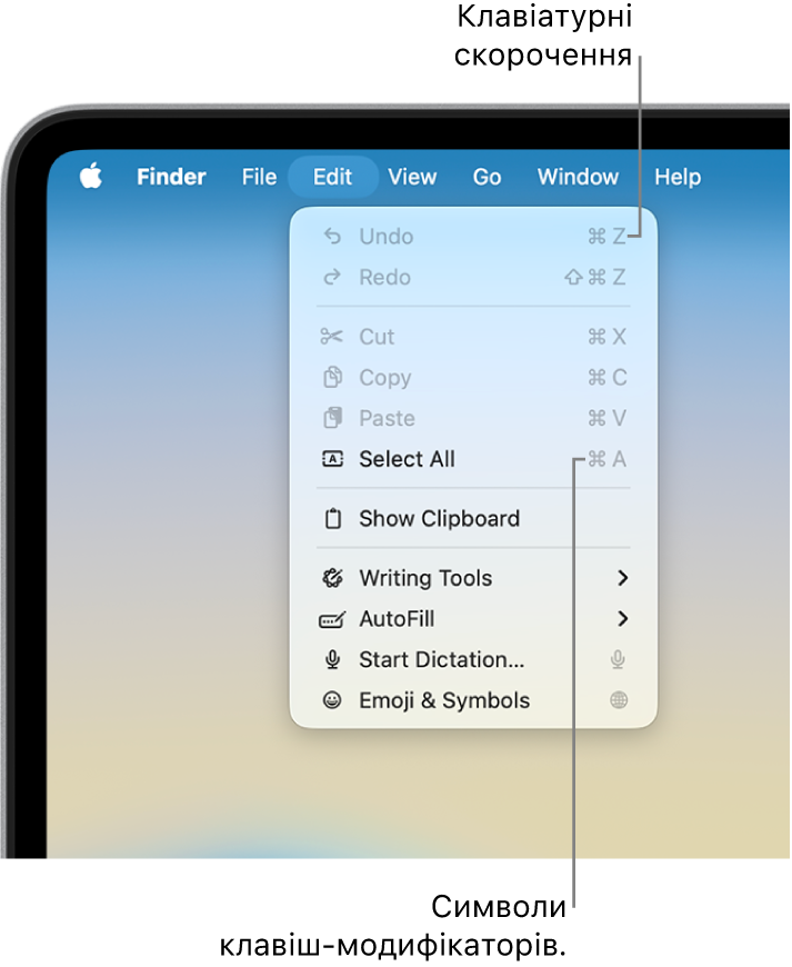 У Finder відкрите меню «Редагування»; поруч з елементами меню відображаються клавіатурні скорочення.