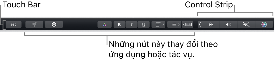 Touch Bar dọc theo cạnh trên cùng của bàn phím, đang hiển thị các nút thay đổi theo ứng dụng hoặc tác vụ ở bên trái và Control Strip được thu gọn ở bên phải.