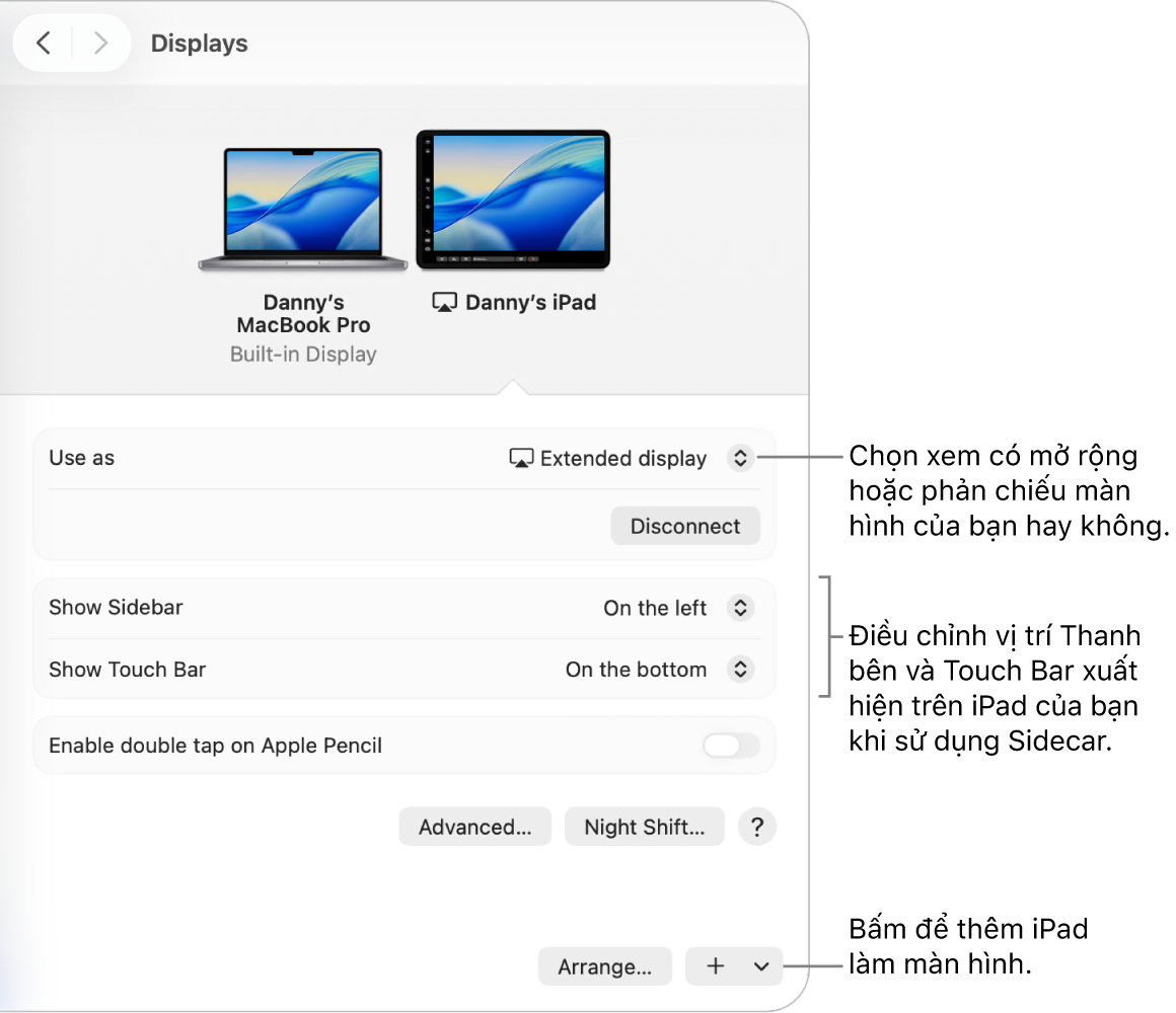 Khung cài đặt Màn hình trên máy Mac đang hiển thị các tùy chọn để thiết lập Sidecar.