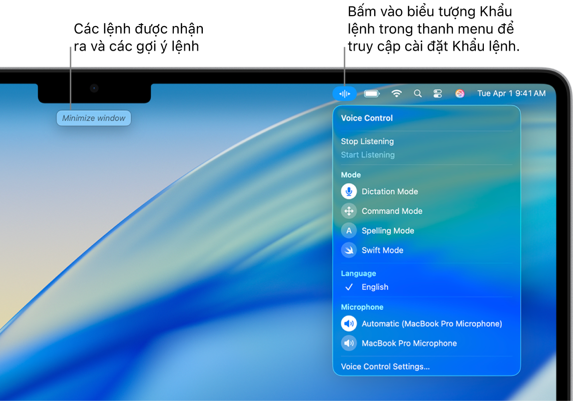 Một gợi ý lệnh được hiển thị ở đầu màn hình nền. Ở bên phải, biểu tượng Khẩu lệnh được hiển thị trong thanh menu và menu Khẩu lệnh được mở.