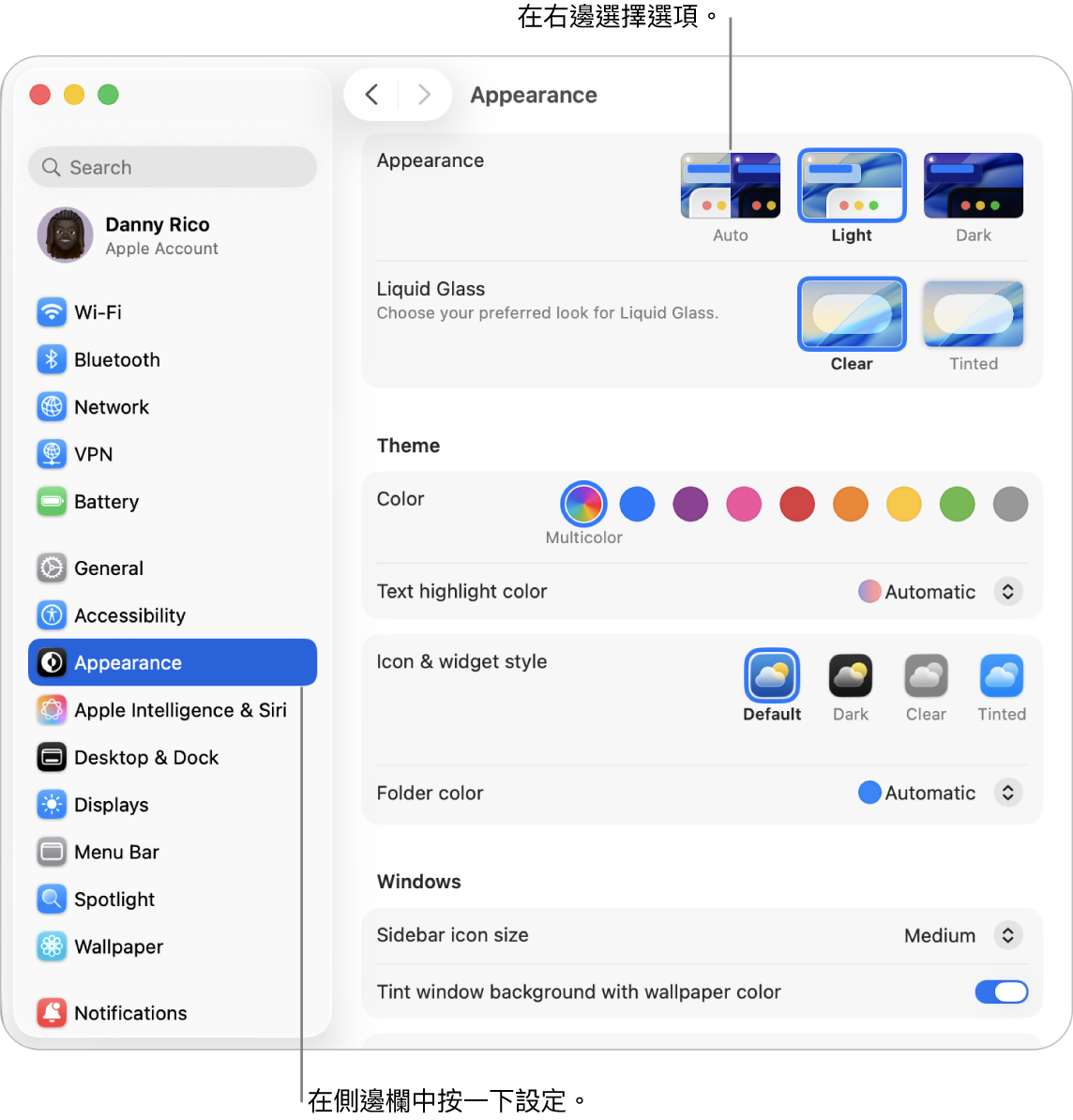 「系統設定」視窗,其中側邊欄已選擇「外觀」設定,右邊則為「外觀」選項。