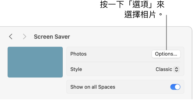 「系統設定」視窗的最上方，顯示「相片」的選項。