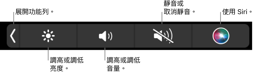 收合的功能列包含以下操作的按鈕：由左至右依序是展開功能列、增加或減少顯示器亮度和音量、靜音或取消靜音以及使用 Siri。