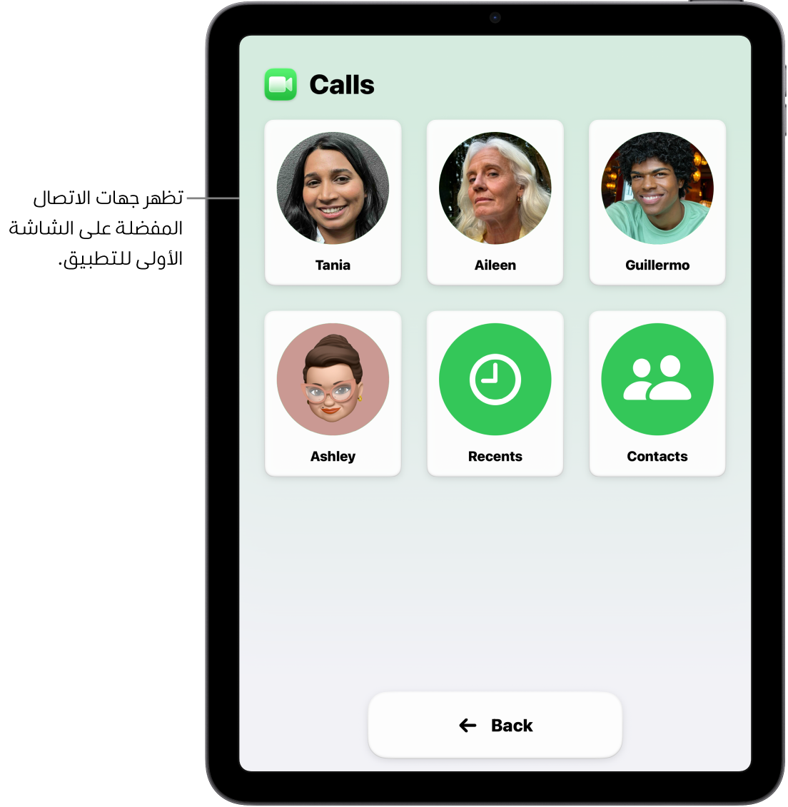 جهاز iPad في الوصول المساعد يظهر به تطبيق المكالمات مفتوحًا، ويعرض شبكة كبيرة بها صور وأسماء جهات الاتصال.
