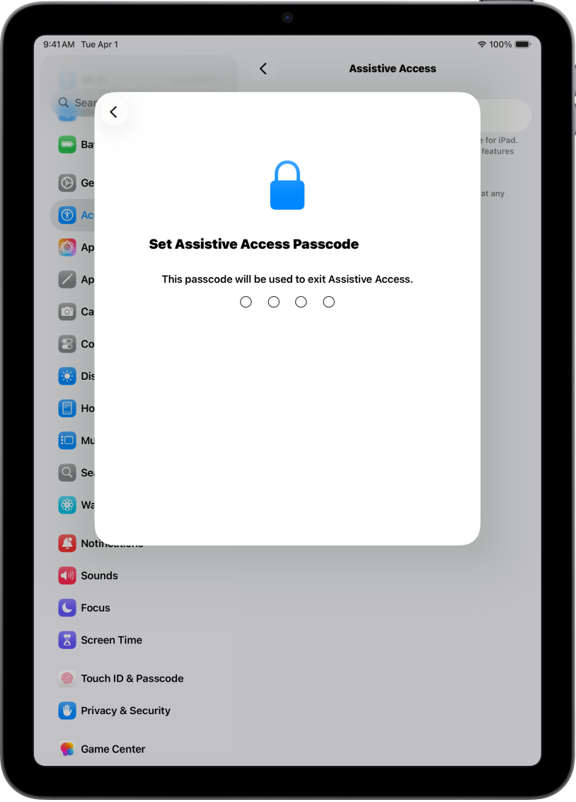 iPad, който показва екрана за настройване на кода за Достъп с помощ, който се използва, когато влизате в и излизате от Достъп с помощ.