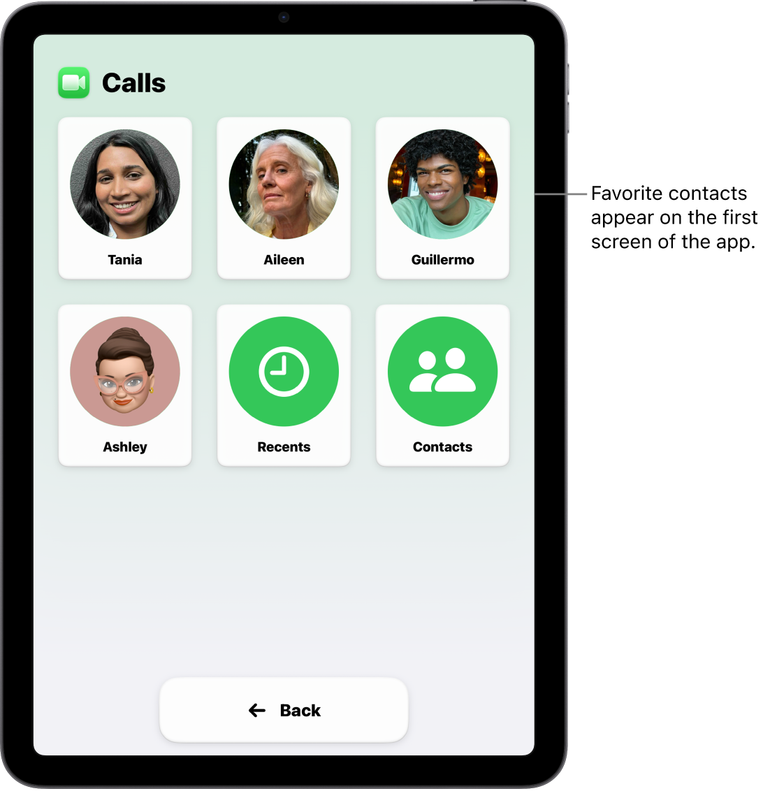 An iPad in Assistive Access with the Calls app open, showing a large grid of contact photos and names.