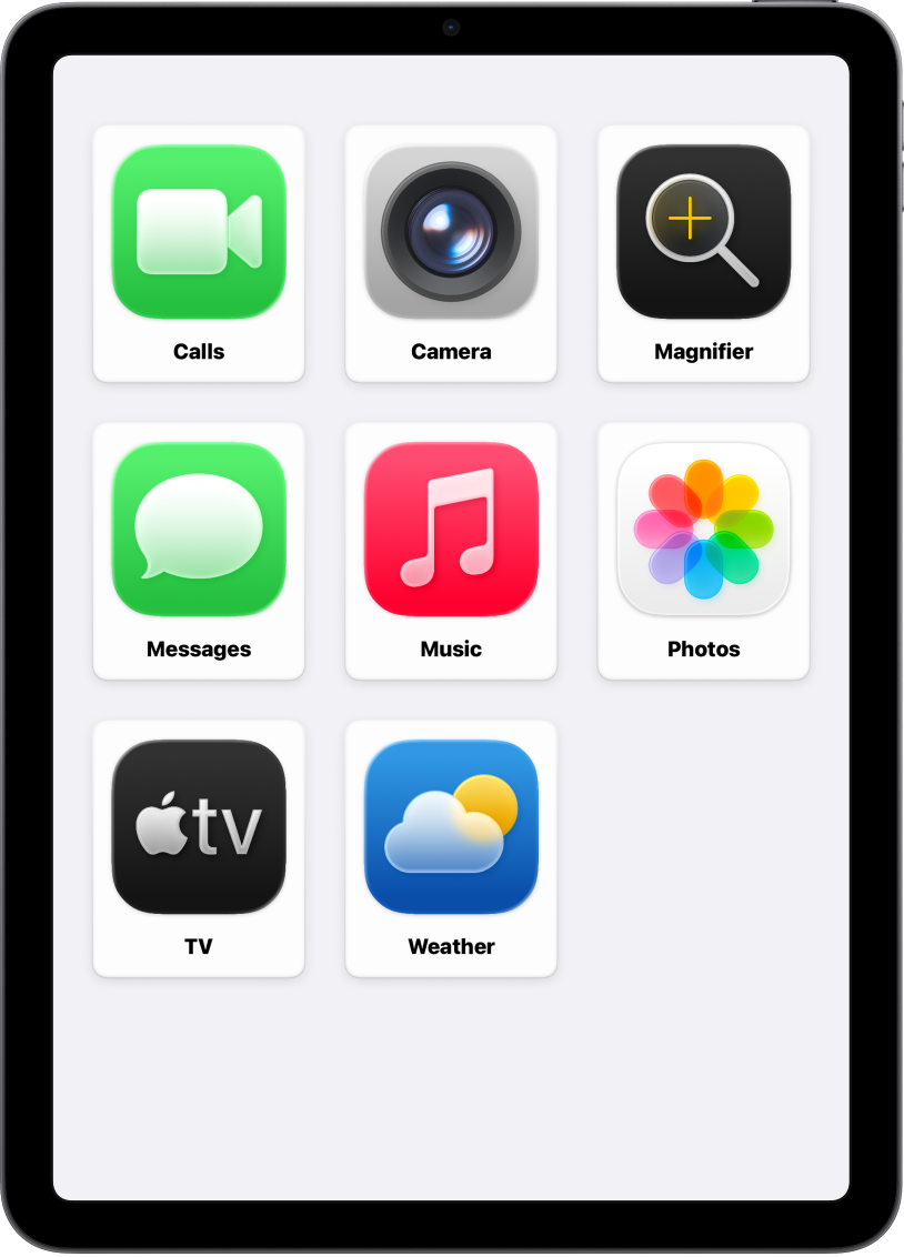 iPad con la pantalla de inicio del acceso asistido y una cuadrícula grande de iconos de apps con sus nombres.