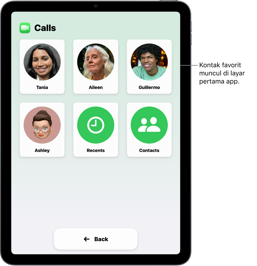 iPad dalam Akses Bantuan dengan app Panggilan terbuka, menampilkan grid besar foto serta nama kontak.