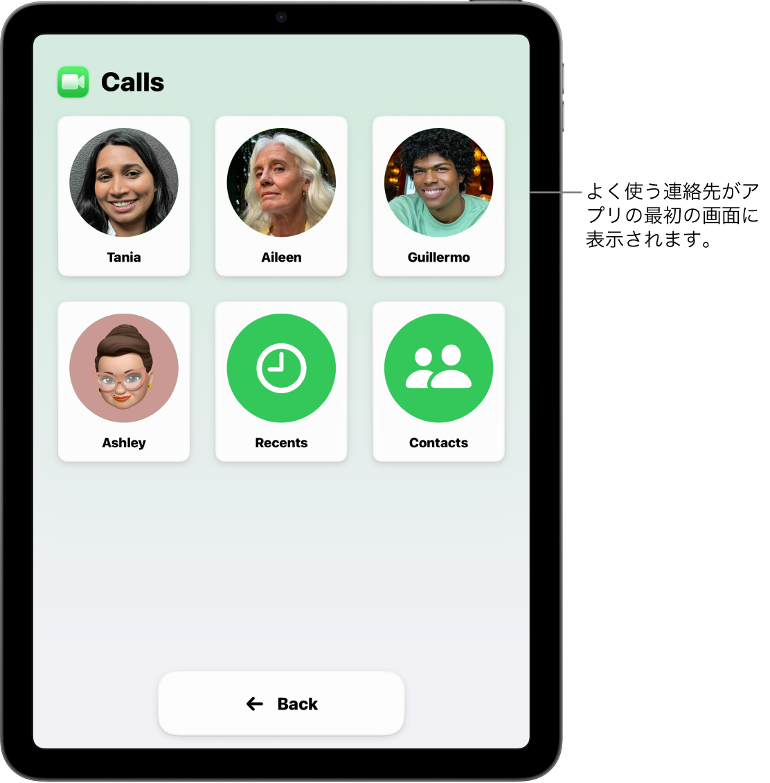 アシスティブアクセスを使用しているiPad。通話アプリが開き、連絡先の写真と名前が大きなグリッドで表示されています。