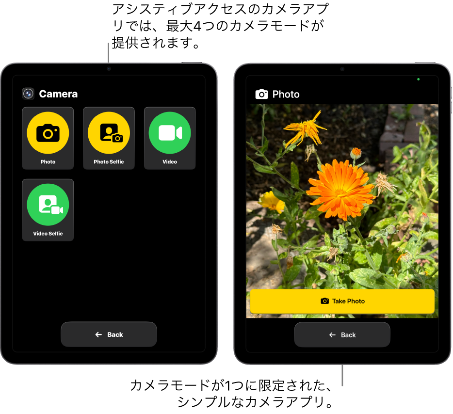 アシスティブアクセスを使用している2つのiPadの画面。一方のiPadにはカメラアプリが表示されていて、ユーザは「ビデオ」や「セルフィー写真」などのカメラモードを選択できます。もう一方のiPadには、1枚ずつ写真を撮影するモードのカメラアプリが表示されています。