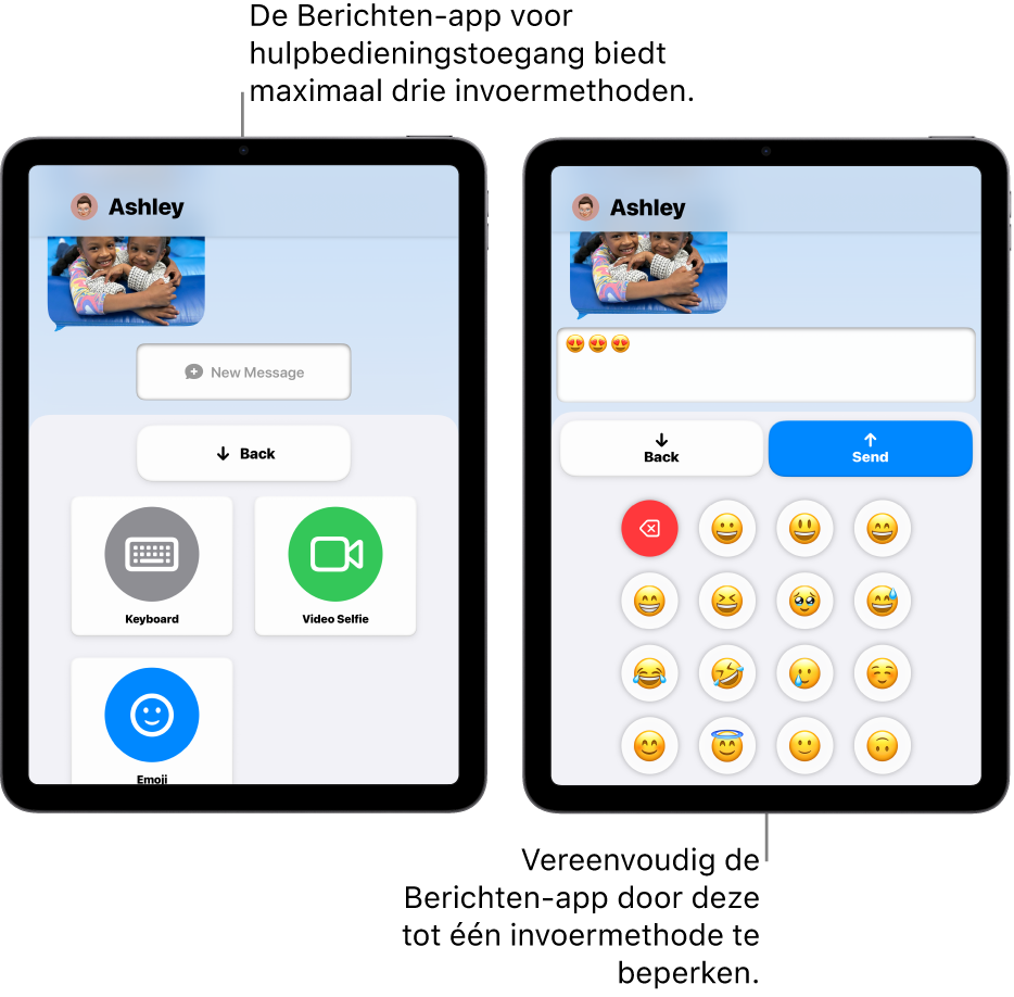 Twee iPad-schermen in hulpbedieningstoegang. Op de ene iPad is de Berichten-app te zien met invoermethoden waaruit de gebruiker kan kiezen, zoals 'Toetsenbord' en 'Videoselfie'. Op de andere is een bericht te zien dat met behulp van een emoji-toetsenbord wordt gestuurd.
