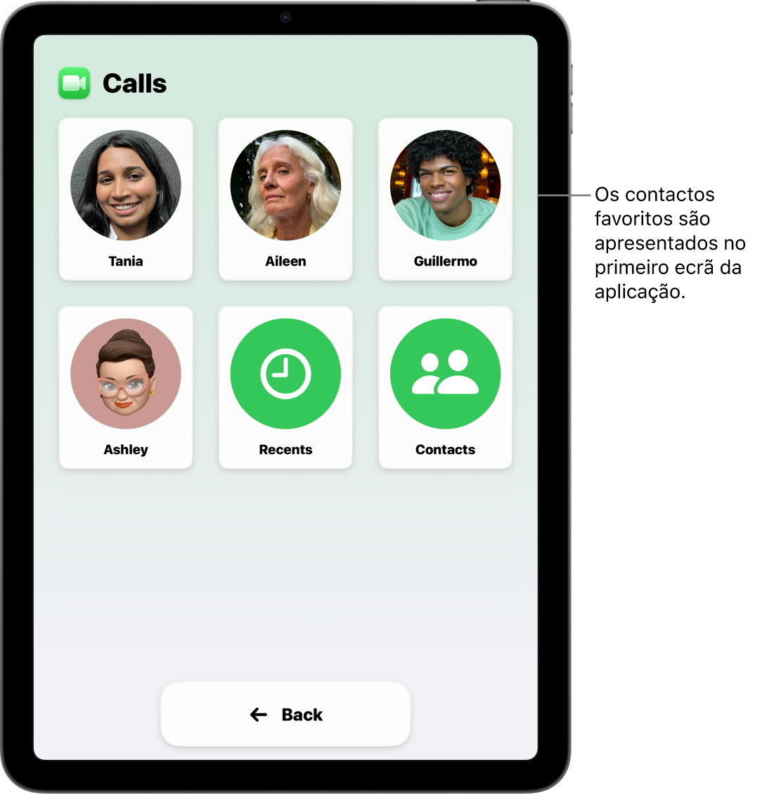 Um iPad em Acesso assistido com a aplicação Chamadas aberta, a mostrar uma grelha grande de contactos e de nomes.