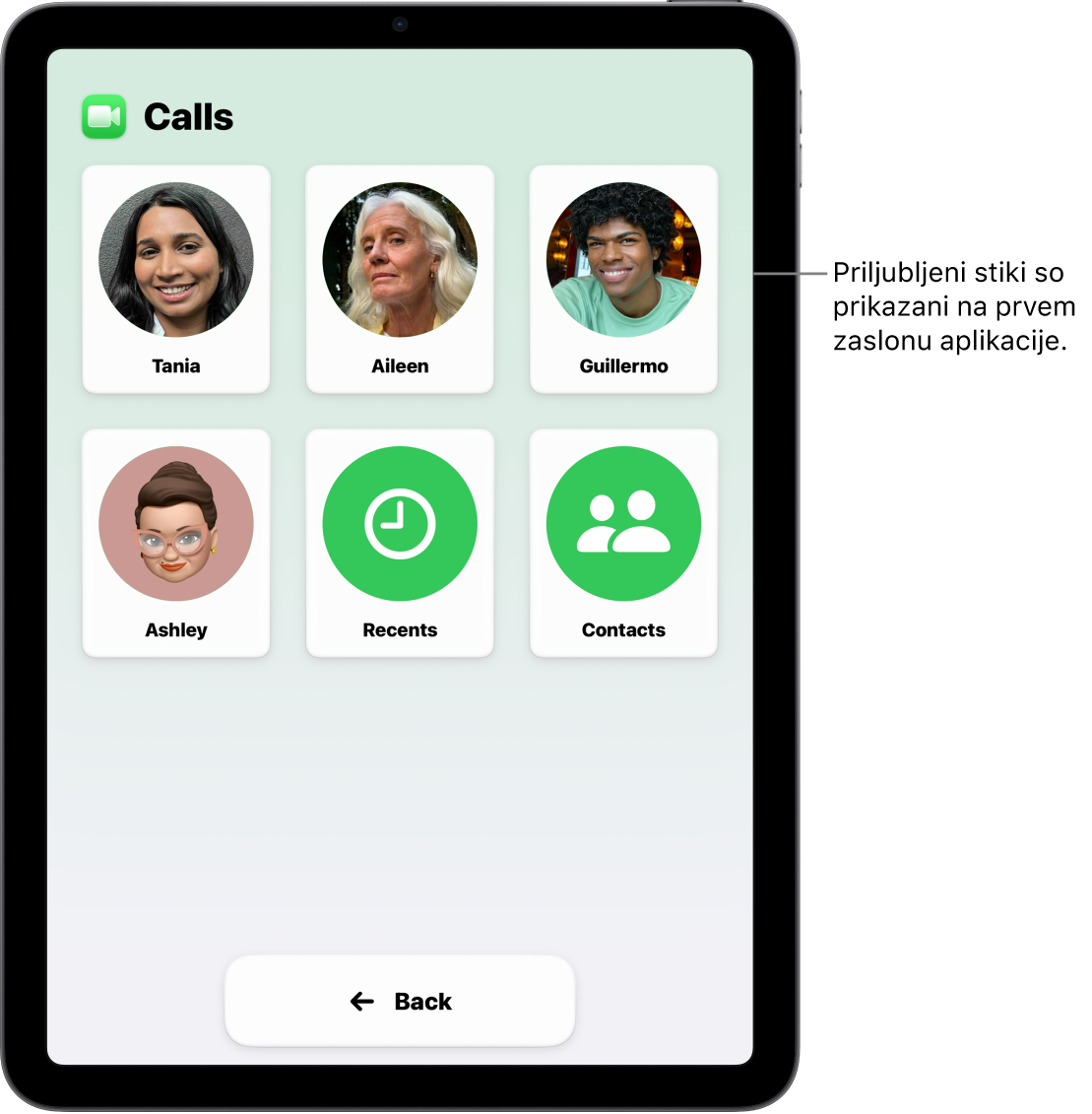 iPad s funkcijo Prilagojeni dostop z odprto aplikacijo Klici, ki prikazuje seznam fotografij in imen stikov.
