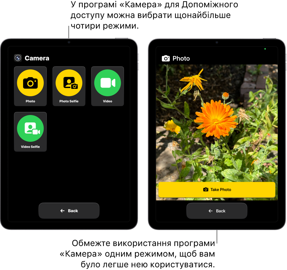 Два екрани iPad у режимі Допоміжного доступу. На екрані одного iPad — програма «Камера» з варіантами вибору режимів, як от «Відео» чи «Фотоселфі». На екрані другого iPad — програма «Камера» лише з одним режимом фотозйомки.