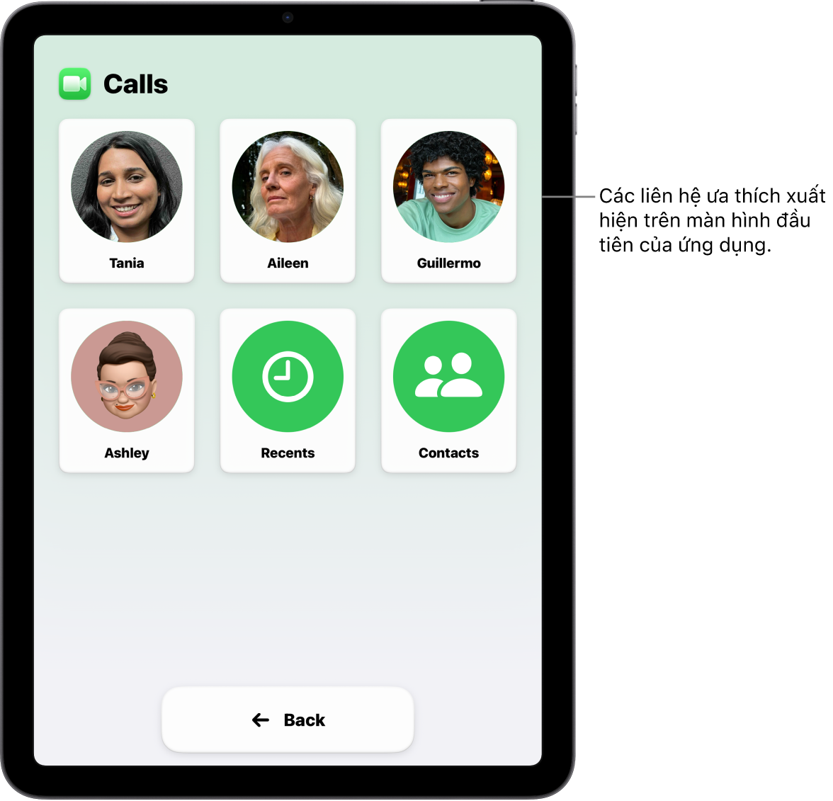 Một iPad ở chế độ Truy cập được hỗ trợ với ứng dụng Cuộc gọi được mở, đang hiển thị một lưới lớn gồm ảnh và tên liên hệ.
