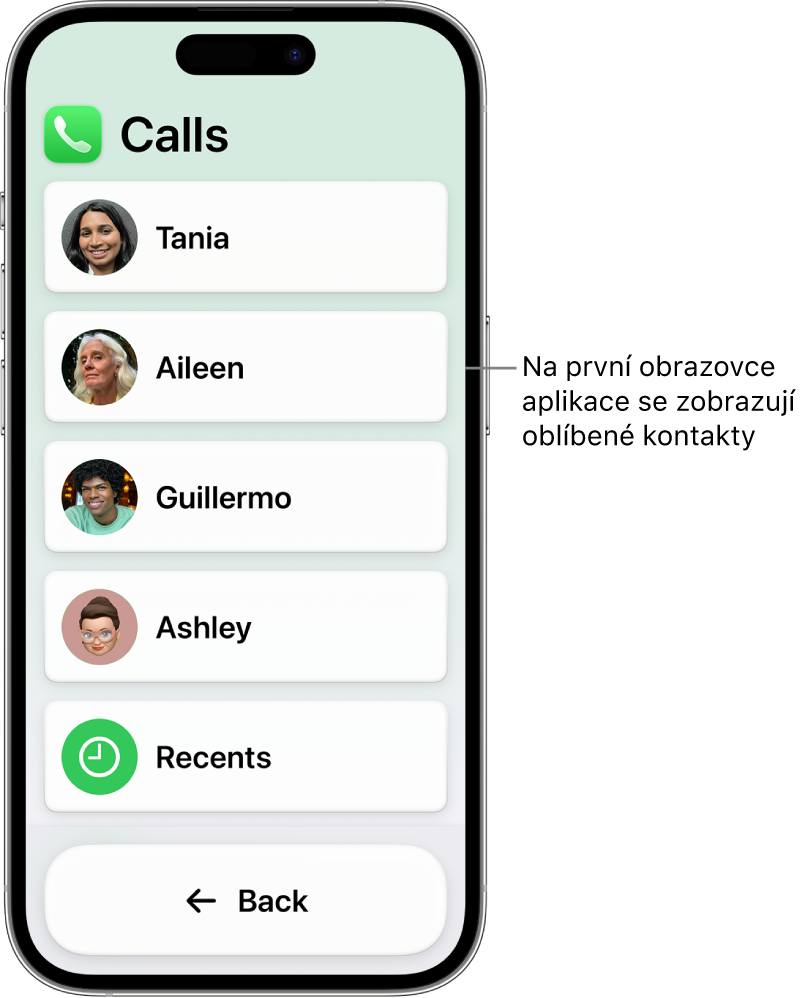 iPhone v asistivním přístupu s otevřenou aplikací Hovory, ve které je vidět seznam fotek a jmen kontaktů.
