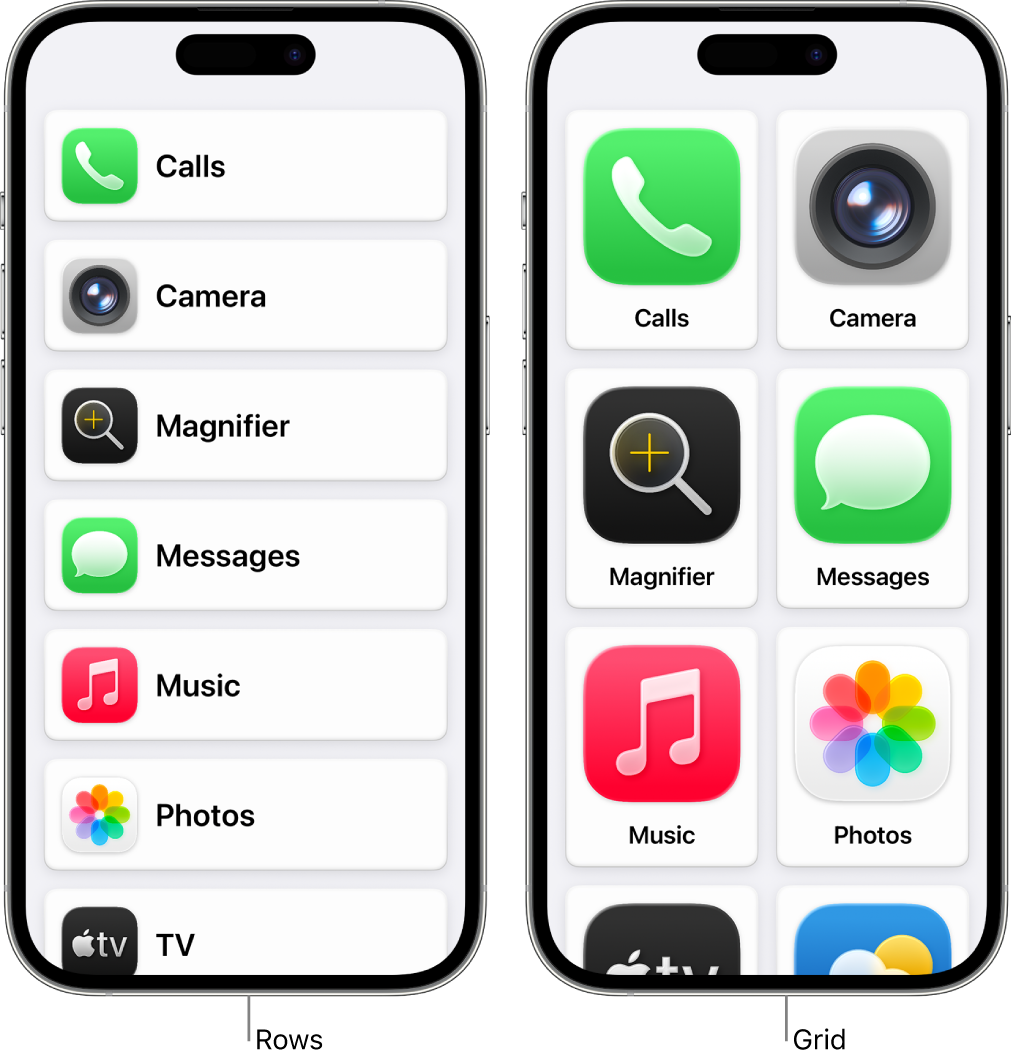 Two iPhone screens in Assistive Access. One shows the Home Screen with apps listed in a row. The other shows larger apps arranged in a grid.