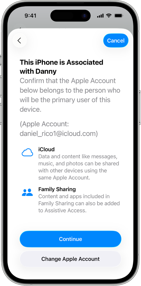 iPhone con la cuenta de Apple asociada con el dispositivo e información sobre las funciones de iCloud y “En familia” que se pueden usar con el acceso asistido.