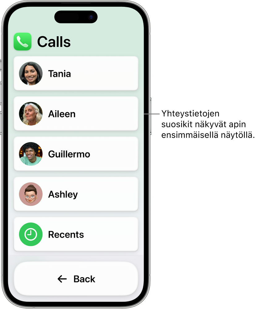 Puhelut-appi auki iPhonessa, jossa on päällä avustettu käyttö. Apissa näkyy luettelo yhteystietojen kuvista ja nimistä.