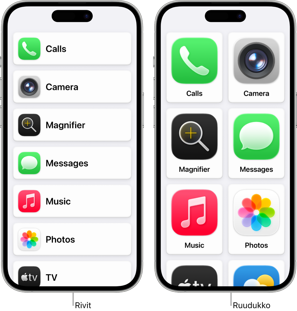 Kaksi iPhonea, joiden näytöissä on päällä avustettu käyttö. Yhdessä on avoinna Koti-valikko, jossa apit luetellaan rivi kerrallaan. Toisessa on suuremmat appikuvakkeet, jotka näytetään ruudukkoon järjestettynä.