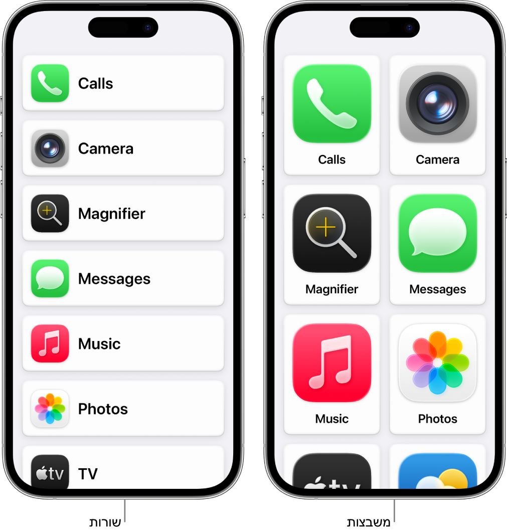 המסכים של שני מכשירי iPhone במצב ״גישה מסייעת״. באחד מוצג מסך הבית עם יישומים המסודרים בשורה. בשני מוצגים יישומים גדולים יותר, המסודרים ברשת.