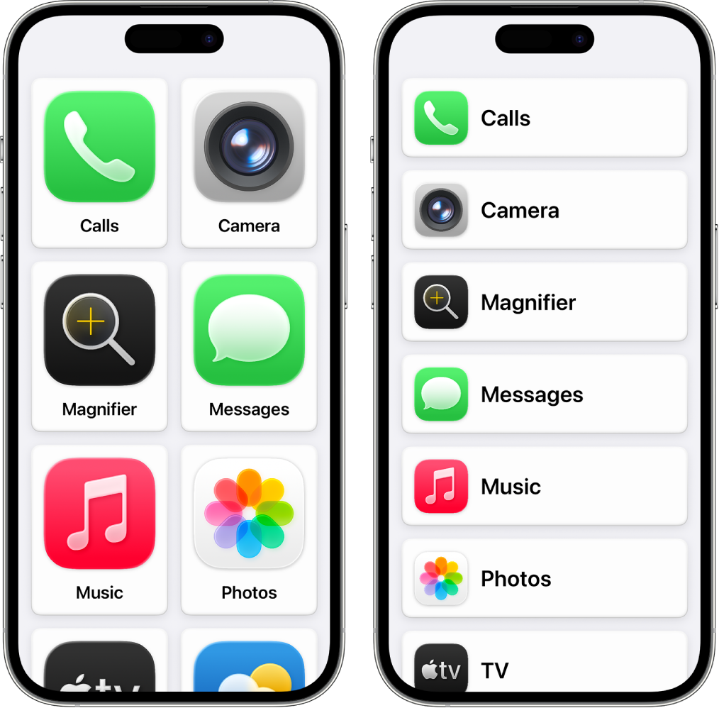 Due schermi di iPhone mostrano la schermata iniziale di “Accesso assistito”. Un iPhone mostra un ampio layout a griglia con alcune app. L’altro mostra molte app disposte in un elenco.