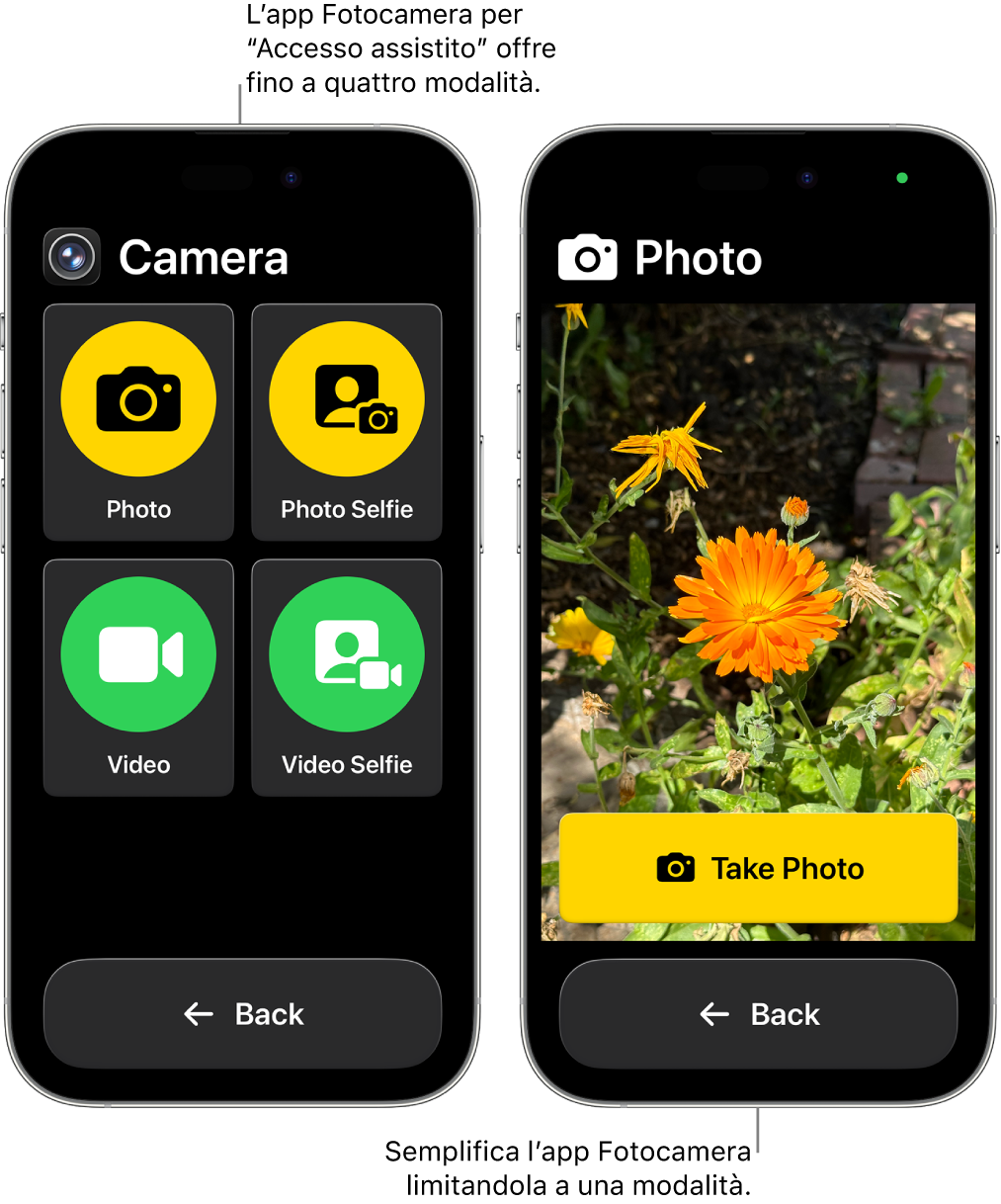 Due schermi di iPhone in modalità “Accesso assistito”. Un iPhone mostra l’app Fotocamera con le modalità a disposizione dell’utente, come Video o “Foto selfie”. L’altro iPhone mostra l’app Fotocamera con una sola modalità per scattare le foto.