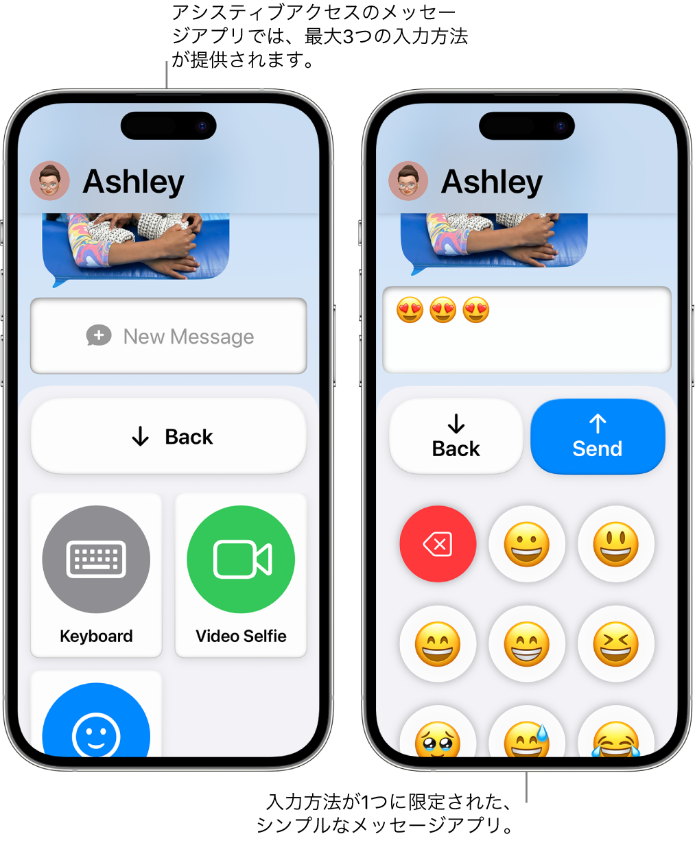 アシスティブアクセスを使用している2つのiPhoneの画面。一方のiPhoneにはメッセージアプリが表示されていて、ユーザは「キーボード」や「セルフィービデオ」などの入力方法を選択できます。もう一方のiPhoneには絵文字のみのキーボードを使ってメッセージが送信されています。