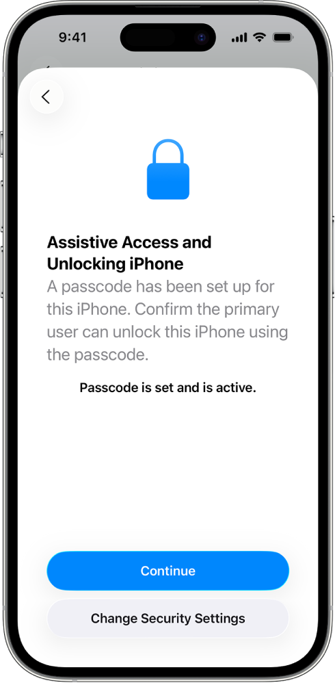 iPhoneの画面。信頼する支援者に、デバイスを使用する本人がデバイスのパスコードを知っていることを確認するよう求めています。