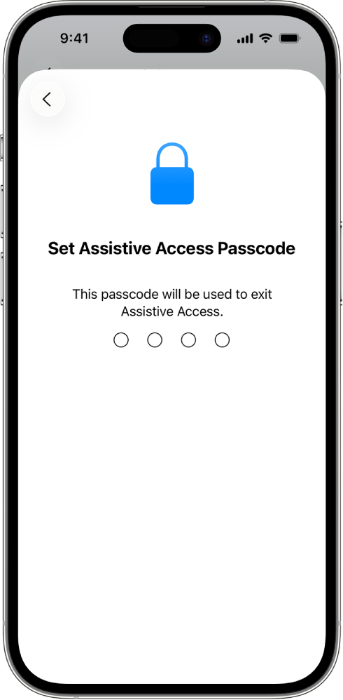 iPhone tālrunis, kurā redzams ekrāns Assistive Access piekļuves koda iestatīšanai, kas tiek izmantots, ieslēdzot un izslēdzot funkciju Assistive Access.