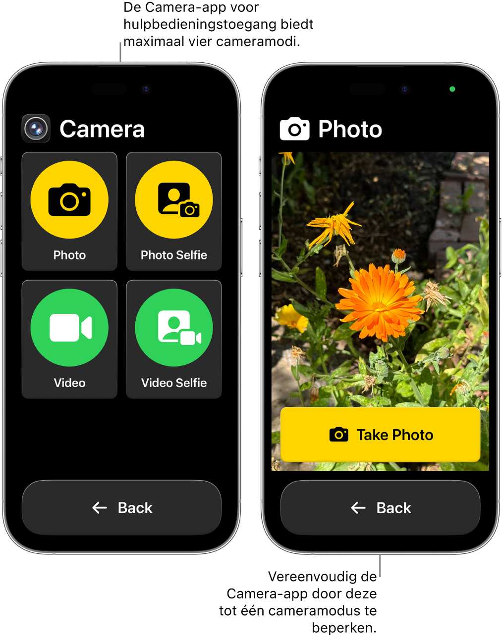Twee iPhone-schermen in hulpbedieningstoegang. Op de ene iPhone is de Camera-app te zien met cameramodi waaruit de gebruiker kan kiezen, zoals 'Video' en 'Fotoselfie'. Op de andere iPhone is de Camera-app te zien met alleen de modus voor het maken van foto's.