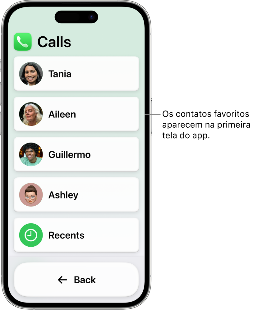 iPhone no Acesso Assistivo com o app Ligações aberto, mostrando uma lista de fotos e nomes de contatos.