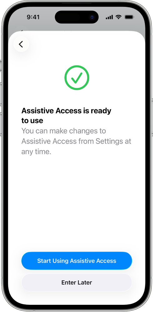 Un iPhone afișând informația că modul Acces asistiv este gata de utilizare, cu un buton în partea de jos pentru intrarea în modul Acces asistiv.
