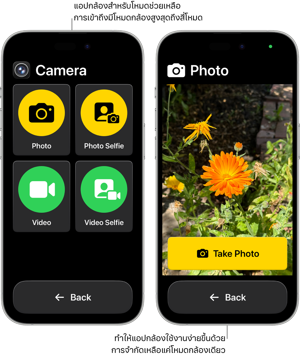 หน้าจอ iPhone สองเครื่องที่อยู่ในโหมดช่วยเหลือการเข้าถึง iPhone เครื่องหนึ่งแสดงแอปกล้องที่มีโหมดกล้องต่างๆ สำหรับให้ผู้ใช้เลือก เช่น วิดีโอหรือรูปภาพเซลฟี่ iPhone อีกเครื่องแสดงแอปกล้องที่มีโหมดเดียวสำหรับถ่ายรูป