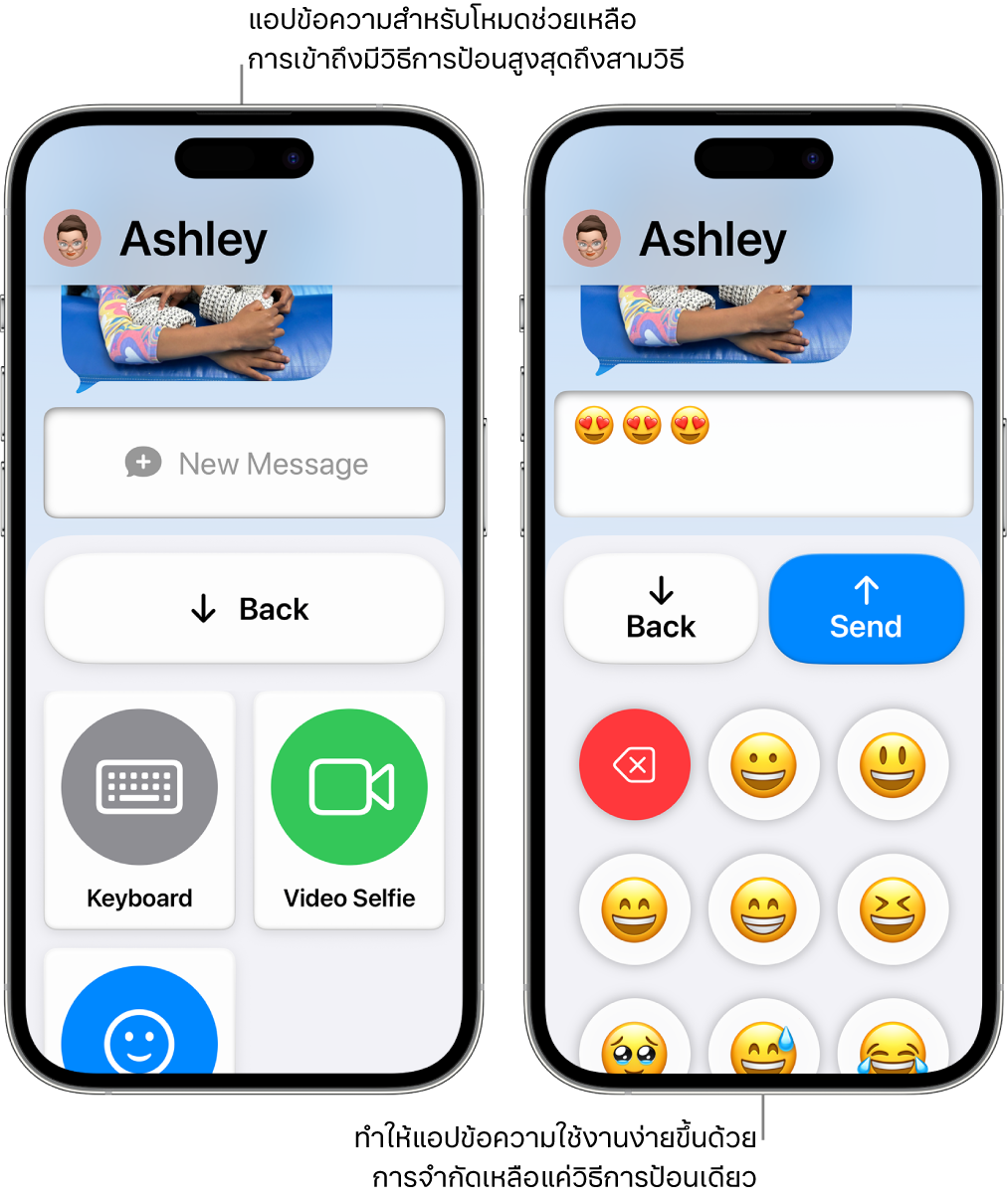 หน้าจอ iPhone สองเครื่องที่อยู่ในโหมดช่วยเหลือการเข้าถึง iPhone เครื่องหนึ่งแสดงแอปข้อความที่มีวิธีการป้อนข้อมูลเข้าสำหรับให้ผู้ใช้เลือก เช่น แป้นพิมพ์หรือวิดีโอเซลฟี่ อีกเครื่องแสดงข้อความที่กำลังถูกส่งโดยใช้แป้นพิมพ์แบบอิโมจิอย่างเดียว