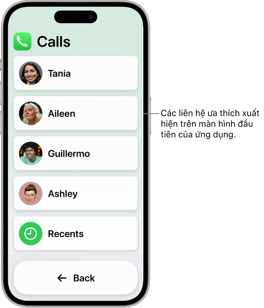 Một iPhone ở chế độ Truy cập được hỗ trợ với ứng dụng Cuộc gọi được mở, đang hiển thị một danh sách ảnh và tên liên hệ.