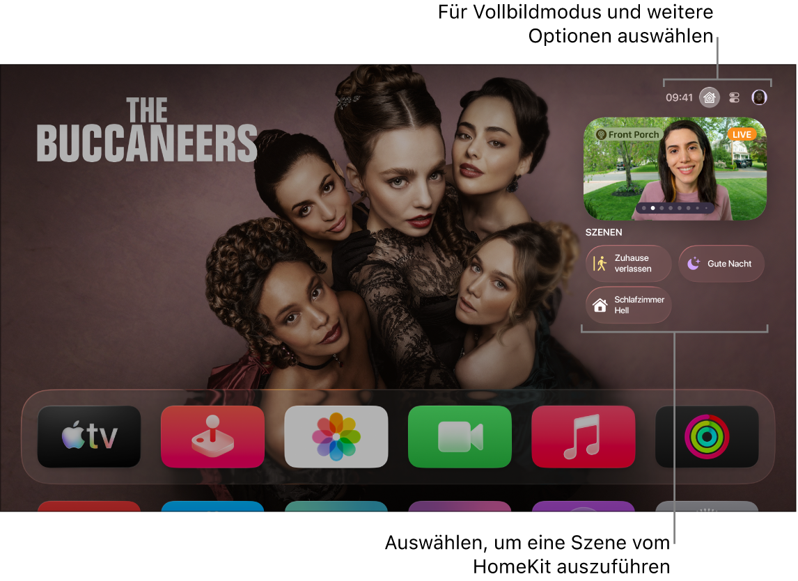 Apple TV-Bildschirm mit dem Tab „Apple Home“