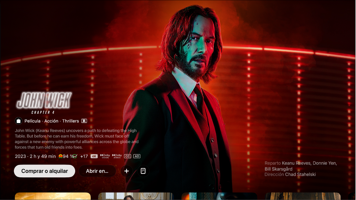 Pantalla de información de la película