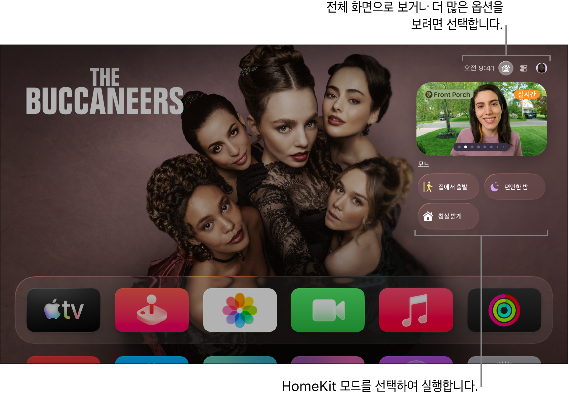 Apple 홈 탭이 표시된 Apple TV 화면.