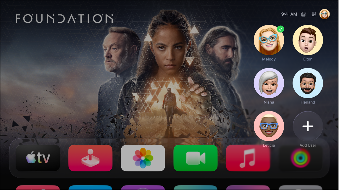 „Apple TV“ ekrane rodomas „Control Center“ skirtukas „Profiles“.