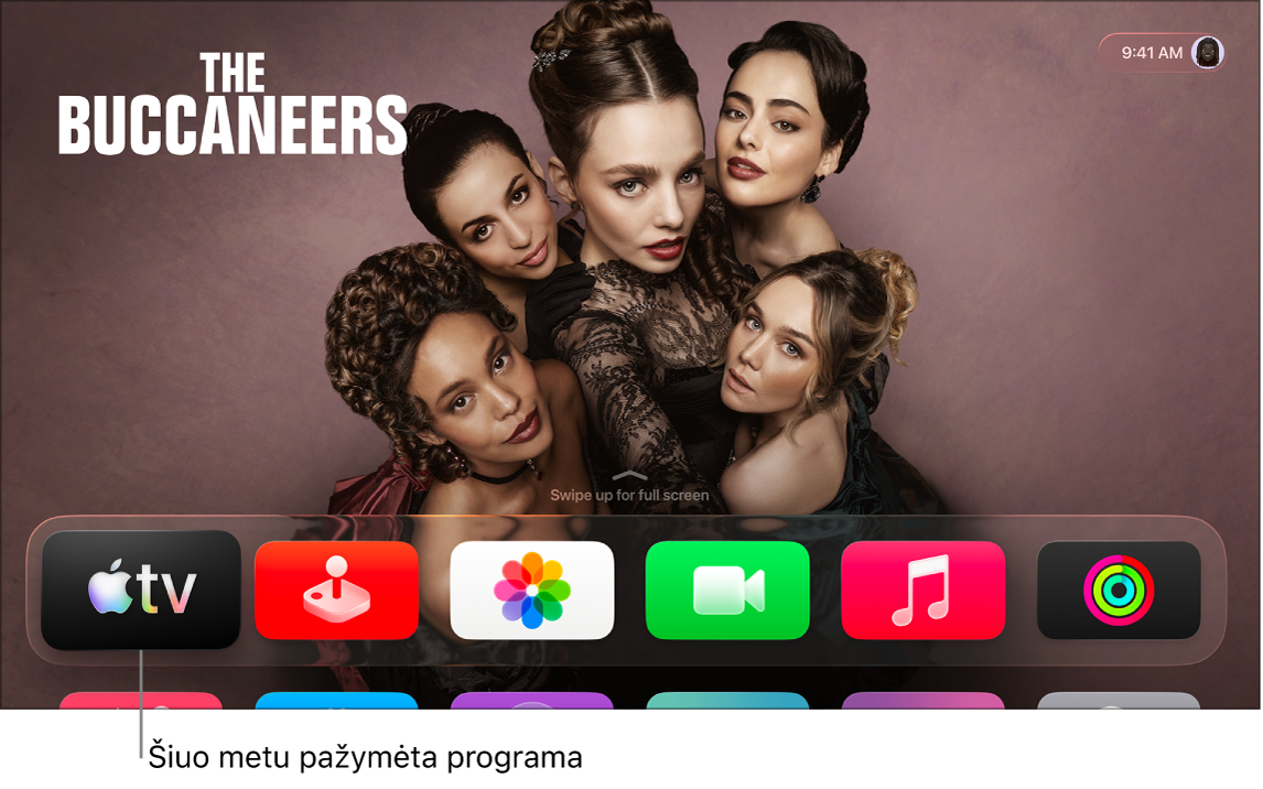 „Apple TV“ pradžios ekrane pažymėta programa „Apple TV“