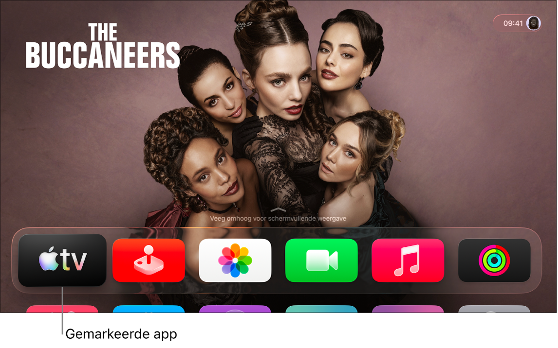 Het beginscherm van de Apple TV, waarin de Apple TV-app is gemarkeerd