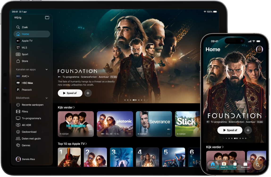 Een iPad en iPhone met de Apple TV-app