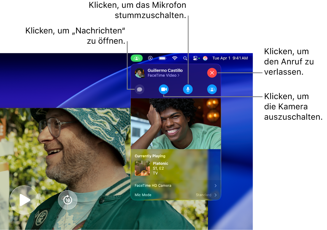 SharePlay-Steuerelemente, die in der Menüleiste angezeigt werden, einschließlich Tasten zum Öffnen der App „Nachrichten“, zum Stummschalten des Mikrofons, zum Deaktivieren der Kamera und zum Verlassen des Anrufs.
