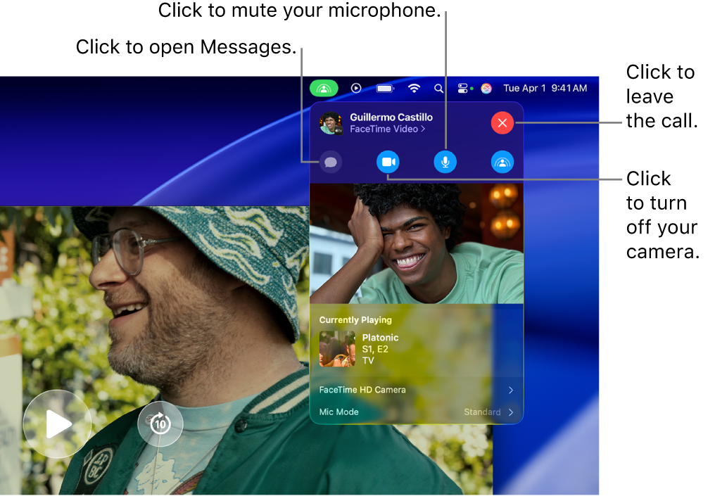 SharePlay controls shown in the Menu bar, including buttons to open the Messages app, mute your microphone, turn off your camera and leave the call.