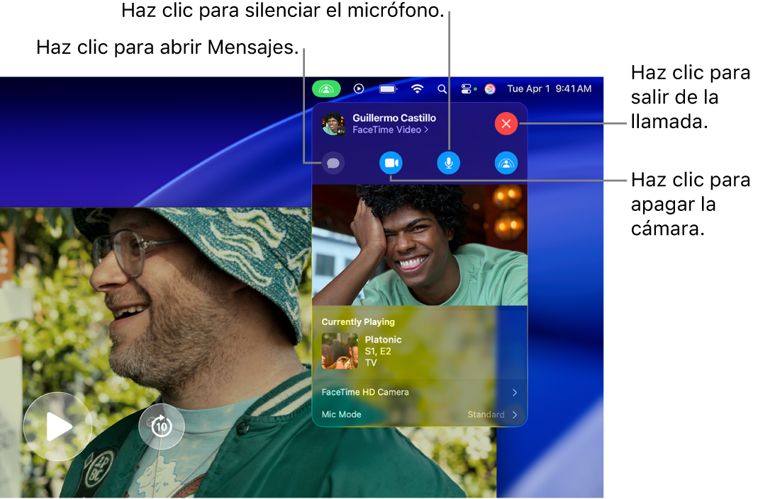 Controles de SharePlay mostrados en la barra de menús, incluidos botones para abrir la app Mensajes, silenciar el micrófono, desactivar la cámara y abandonar la llamada.