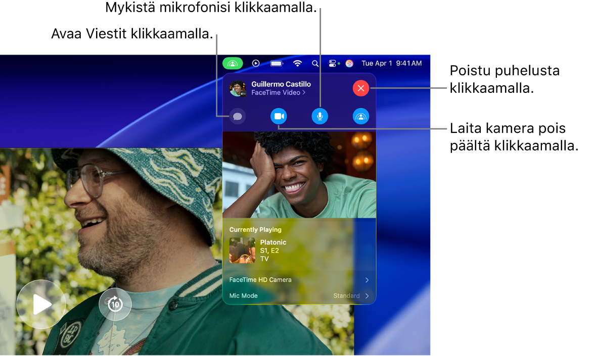 Valikkorivillä näytettävät SharePlay-säätimet, joihin sisältyvät painikkeet Viestit-apin avaamiselle, mikrofonin mykistämiselle, kameran sammuttamiselle ja puhelusta poistumiselle.