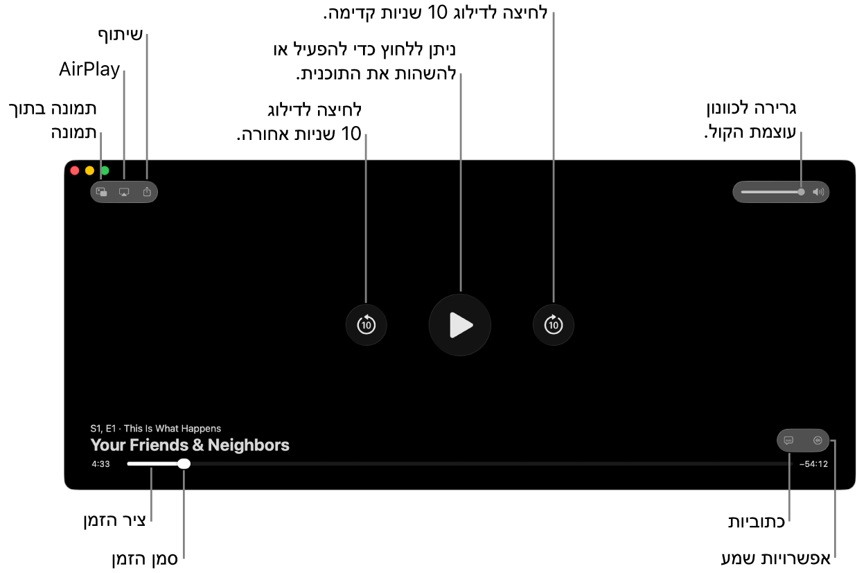 פקדי הפעלה במציג, כולל כפתורים להפעלה ולהשהיה, לדילוג קדימה ואחורה ולשינוי עוצמת הקול.