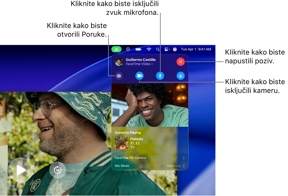Kontrole za SharePlay prikazane u traci Izbornik s tipkama za otvaranje aplikacije Poruke, isključivanje zvuka mikrofona, isključivanje kamere i napuštanje poziva.
