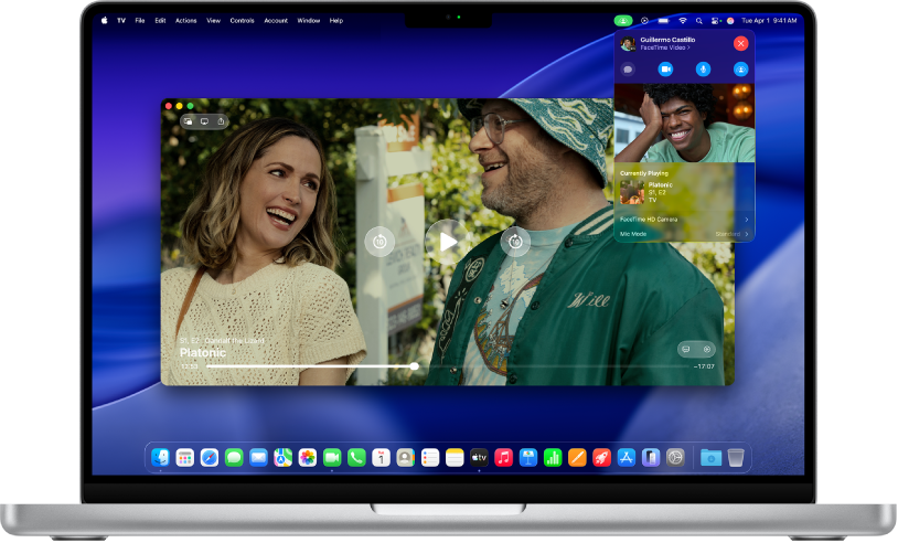 MacでのSharePlay。TVアプリと進行中のFaceTime通話が表示されています。